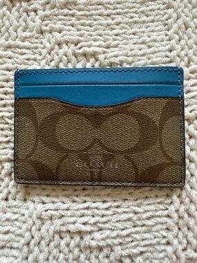 Coach Brown Signature Canvas Card Case with Blue Trim